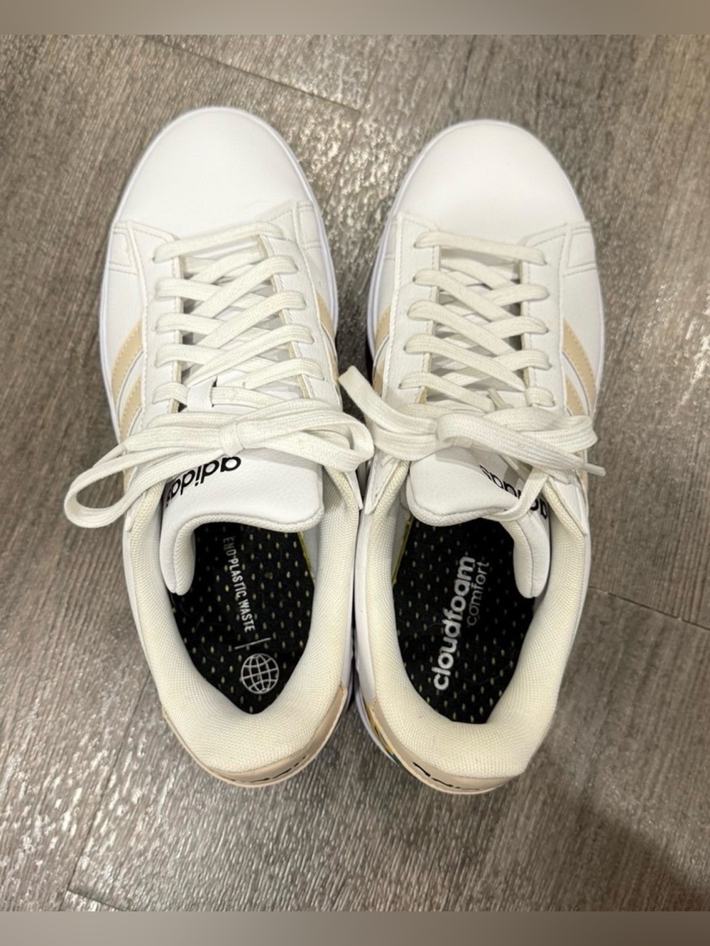 adidas Women's White Sneakers with Cream Stripes and Floral Heel - Picture 3 of 5